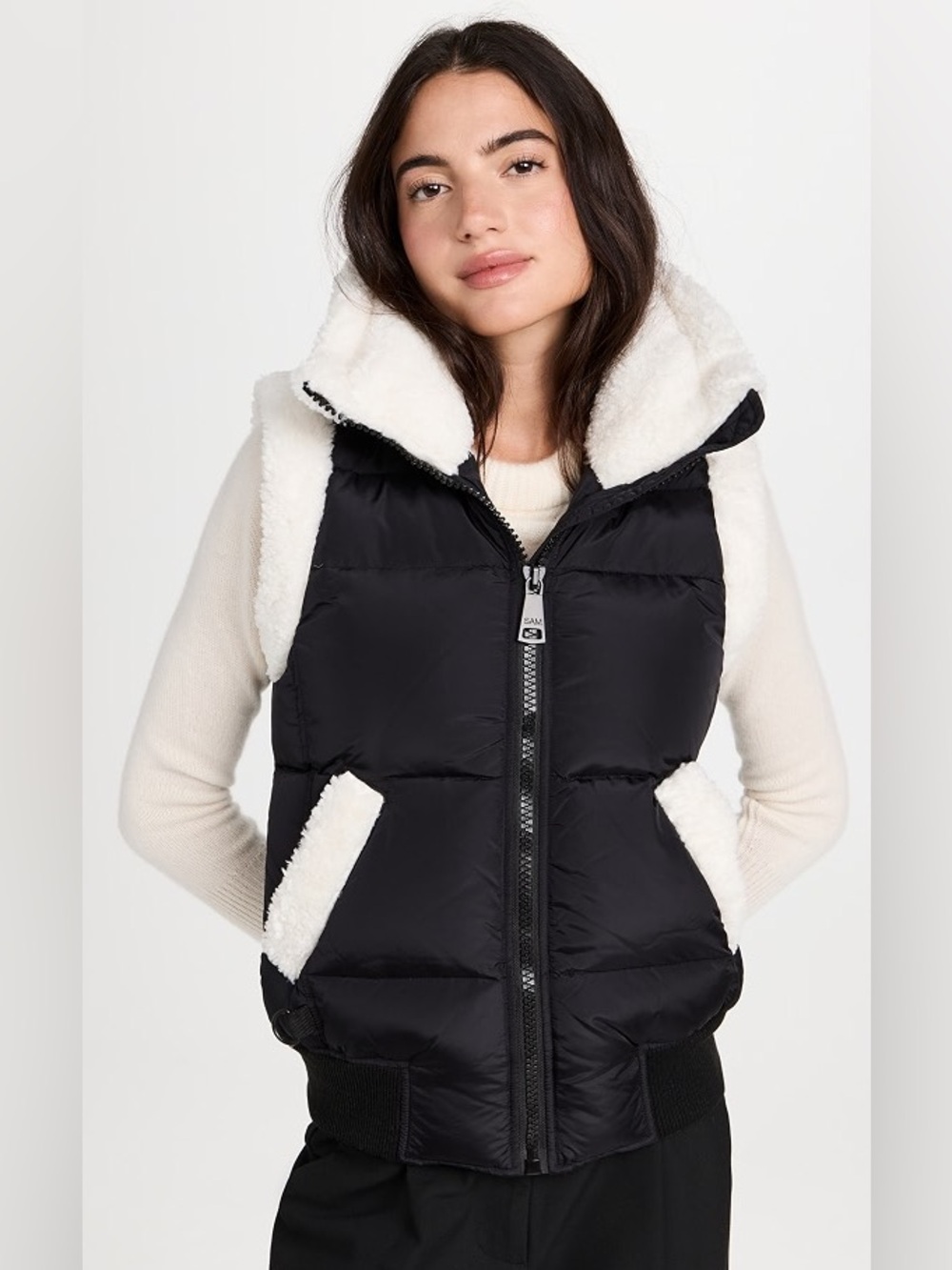 SAM. Billie Shearling Trim Fur Vest in Matte Black Size M